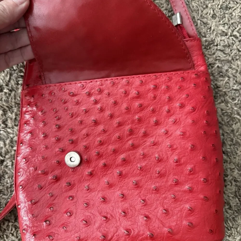 Red Ostrich Leather Crossbody‎ Bag Textured Small Shoulder Purse Zip Top Pocket